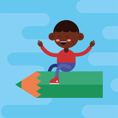 little student afro boy in pencil comic character