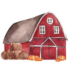 Watercolor autumn illustration with barn and autumn floral element, isolated on white background © марина васильева