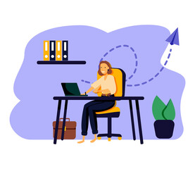 Handsome woman is working at his laptop. Modern office interior with work process icons on the background. Vector illustration.