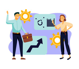 Our team. A group of smiling people making a welcome gesture on. Startup. Colleagues and friends. Flat vector illustration.
