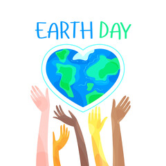 Earth Day. Globe in the shape of a heart and the hands that hold the planet. Cheerful vector stock illustration.