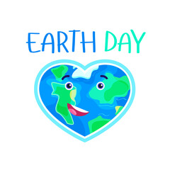 Earth Day. Heart shaped earth globe emoticon with eyes and mouth. Cheerful vector stock illustration.