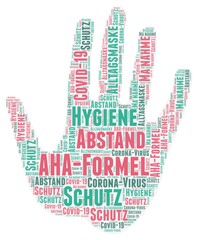 Wortwolke zur AHA-Formel: Abstand, Hygiene, Alltagsmaske - als Massnahme gegen die Verbreitung von Covid-19