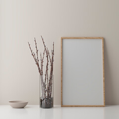Blank vertical poster frame mock up standing on beige floor. One wooden frame isolated in Scandinavian interior. 3d render