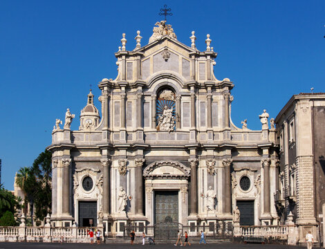 Facade S. Agata Cathedral In Catania Monument Of Baroque Architecture, Of Sicily  Landmark Of Culture Religious And Traditions