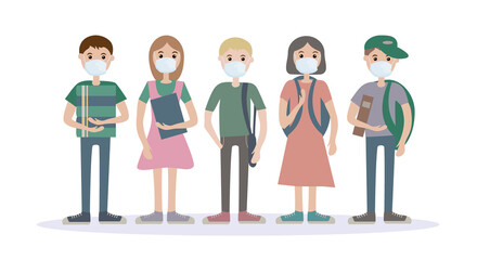 A group of five children wearing medical masks. For protection against viral diseases, environmental and air pollution.  Illustration of flat vectors. Notion of social distance and health preservation