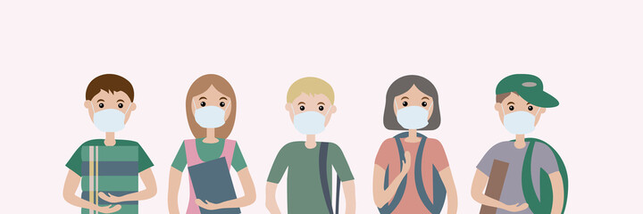 A group of five children wearing medical masks. For protection against viral diseases, environmental and air pollution.  Illustration of flat vectors. Notion of social distance and health preservation