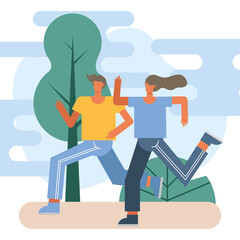 young couple running sport characters