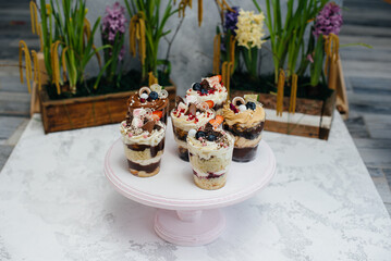 Set of beautiful delicious trifl close - up on the background. Dessert and sweets