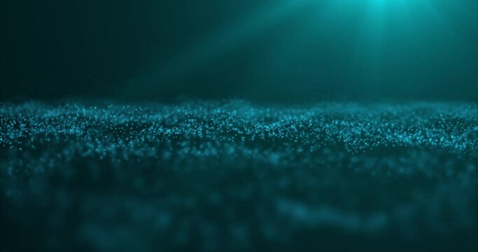 Particle wave ocean with light rays illuminating the scene. Captivating background video concept.