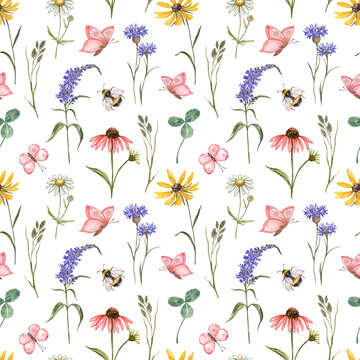 Colorful wildflower seamless pattern. Watercolor cute summer meadow plants, butterflies and bee on white background. Floral botanical print. Hand painted cornflower, rudbeckia, daisy flowers.