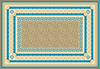 Carpet print from Fashionable leopard skin pattern, Golden chains, meander borders, Baroque cables, ropes, blue belts and straps pattern on a beige background.15 pattern brushes in the brush palette