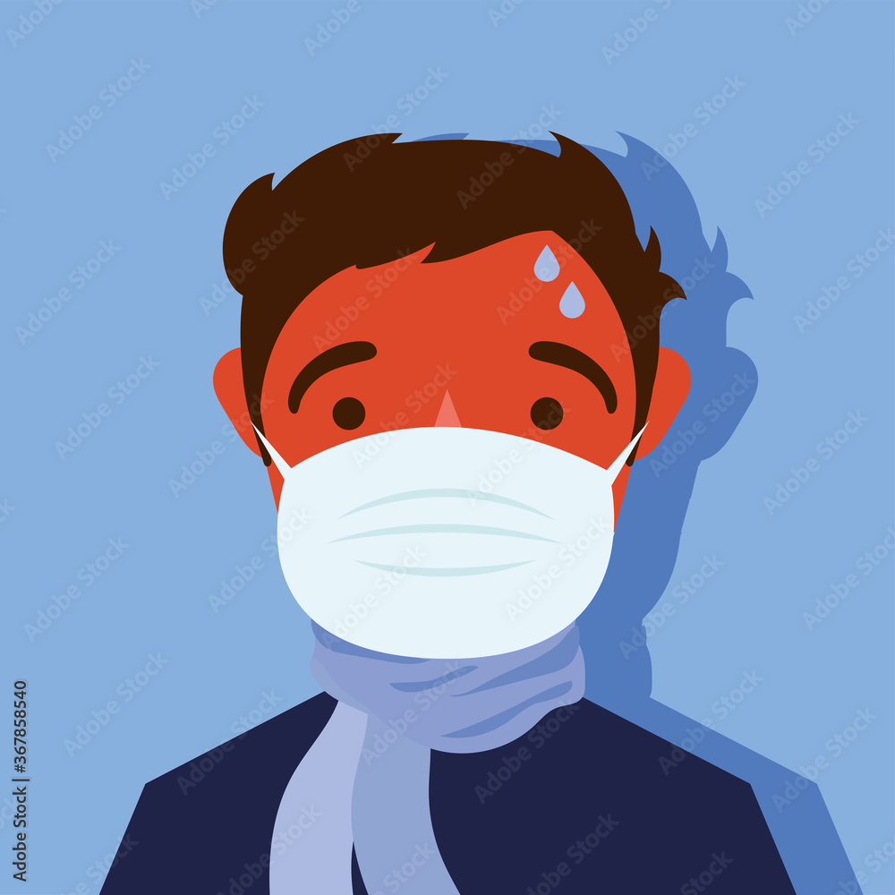 Poster young man sick wearing medical mask character