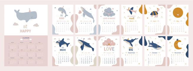 Kids calendar for 2020 year. Printable planner of 12 months with cute whales illustrations. Baby cartoon vector calendar. Doodle calendar set with dolphin, clouds, sea animal, ocean, pink, stars.