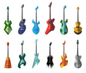 Naklejka premium Guitar collection. Different shape acoustic and electric guitars. Isolated stylish art. Colored icons on white background. Set of different color rock guitar