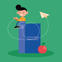 little student boy seated in book comic character