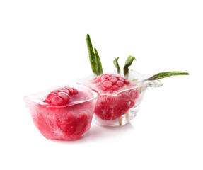 Ice with frozen berries on white background