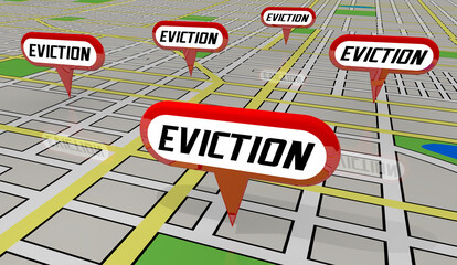 Evictions Tenants Renters Evicted Removed from Homes Map Pin Locations 3d Illustration - obrazy, fototapety, plakaty