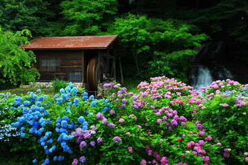 水車小屋と紫陽花