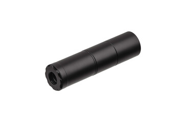 Black silencer for weapons. Suppressor that is at the end of an assault rifle.