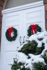 Old Church Door with Christmas Wreaths - 367860337