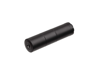 Black silencer for weapons. Suppressor that is at the end of an assault rifle.