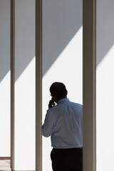 Rear view of businessman talking on mobile phone while standing between columns