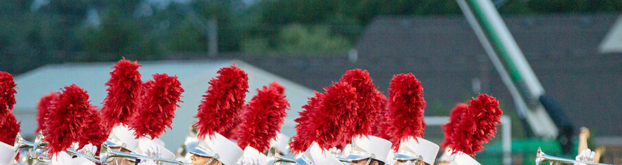 Marching band on a field.  Close up of red marching band caps