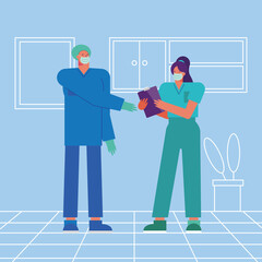 professional doctors couple wearing medical masks