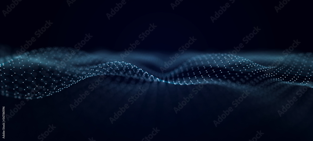Poster Wave stream digital illustration. Abstract background of blue color. 3d rendering.