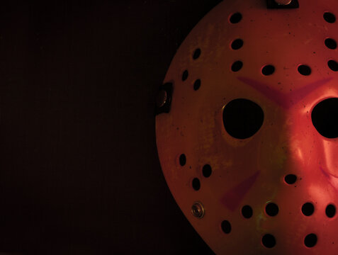 NEW YORK USA - AUG 25 2019: Studio portrait of the hockey mask worn by slasher Jason Voorhees from the Friday the 13th movie franchise