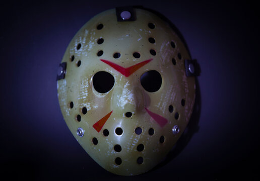 NEW YORK USA - AUG 25 2019: Studio portrait of the hockey mask worn by slasher Jason Voorhees from the Friday the 13th movie franchise