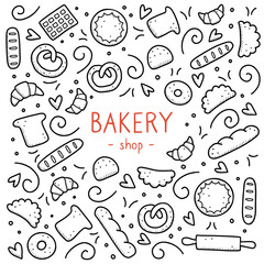 Hand drawn set of bakery and baking elements, bread, pastry, croissant, cake, donut. Doodle sketch style. Bakery element drawn by digital pen. Vector illustration for menu, frame, recipe design.