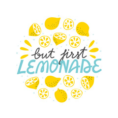 Lemonade sign. Fresh lemon summer lettering with bubbles, lemons, halves and slices. Refreshing round logo for beverage stand. Cold sparkling drink flat hand drawn print.