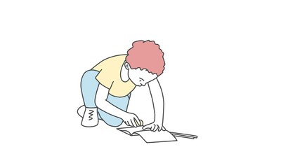 Hand drawn vector illustration of little boy. Сhild draws on the floor.