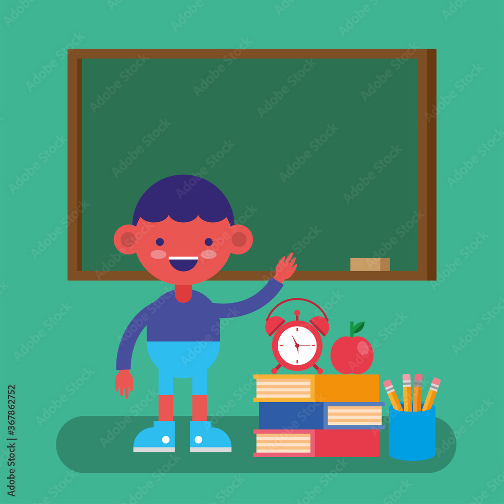 Sticker little student boy with books comic character