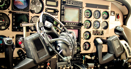 Obraz na płótnie Canvas Light plane cockpit handle and controls