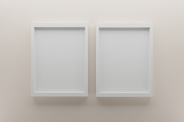 front view of two empty white picture frames on wall, background pink tint color, minimal design concept, 3D render
