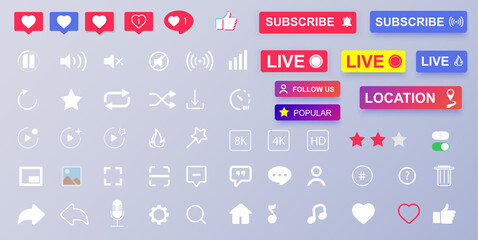 Set of media icons. Interface buttons. Like heart user favorite option comment bubble social media icons.Template modern design icons,buttons. User sticker. Mobile web ui/ux.Vector illustration