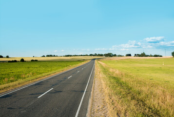 Fototapeta na wymiar asphalt road to horizon.Summer green fields. blue cloudless sky