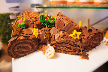 Yule log chocolate cake for Christmas 