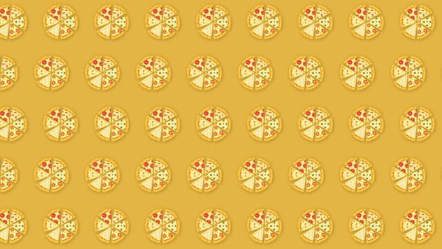 Animated motion pizza on a yellow background. Loop video.
