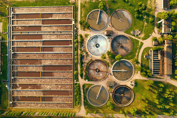 Aerial view of modern industrial sewage treatment plant.