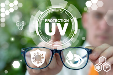 UV Protection Eye Business Health Concept. Eye Safety Sun or Computer Ultraviolet Blue Light.