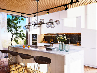 3d render of luxury home kitchen and kitchen bar