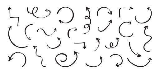 Black different arrow icons hand drawn isolated on white background. Vector illustration