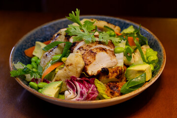 Grilled Chicken salad in white background, Grilled chicken, quinoa, pomegranate, mix leaves, kale, avocado, cherry tomato and cucumber with orange dressing.