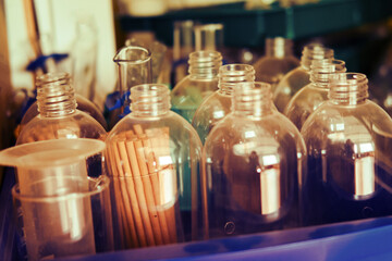 Empty flasks and test tubes in the cabinet of the school chemistry and biolgy class