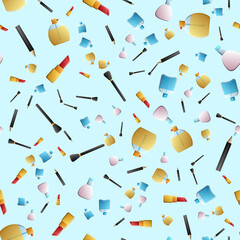 Hand drawn doodle Vector seamless pattern with makeup items - nail polish, mirror, perfume, lipstick, powder brush, necklace, . Bottle, fashion