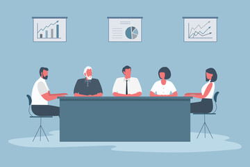 Office workers during the meeting. Employees are sitting at the table in the office. There are also diagrams on the wall. Conference hall. Funky flat style. Vector illustration